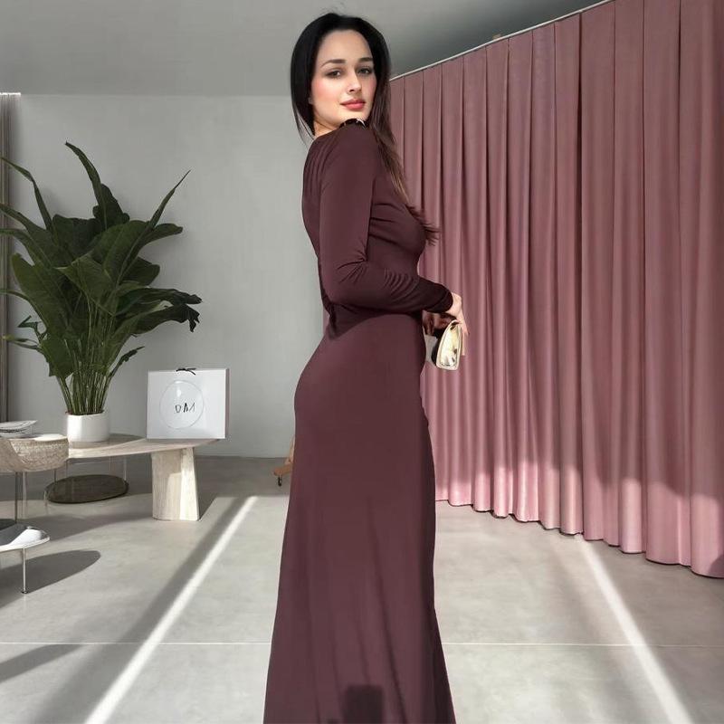 2025 European/American Bodycon Sheath Dress: Solid Color, Long Sleeve, Round Neck, Button & Pleated Details