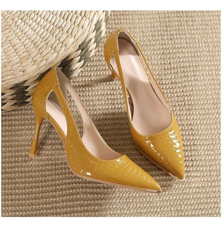 

Лакированные туфли-лодочки на высоком каблуке с тиснением под камень, сексуальные туфли для работы, однотонные, с вырезами, металлический острый носок, женская обувь 37 оранжевый