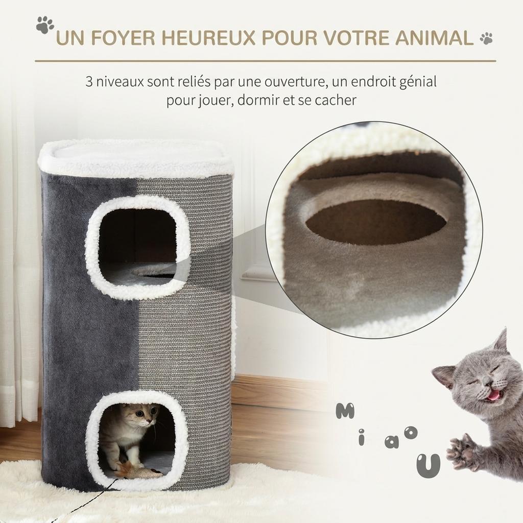 Cat Scratching Barrel, 3-Level, Plush and Sisal, 2 Interconnected Holes, 40 x 40 x 74 cm, Grey