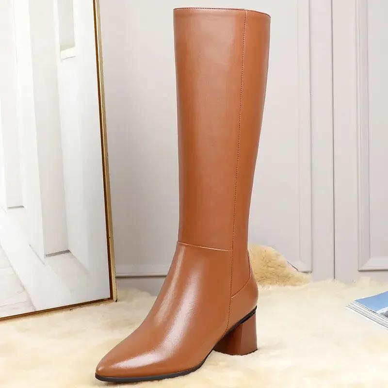 Fashion Women's Knee High Boots Fashion Pointed Toe Thick Heel Long Boots Autumn/Winter Ladies Elegant Side Zippers High Heel Shoes