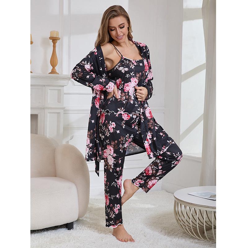 Three-Piece Pajama Set: Robe, Long Pants & Camisole In European & American Sizes