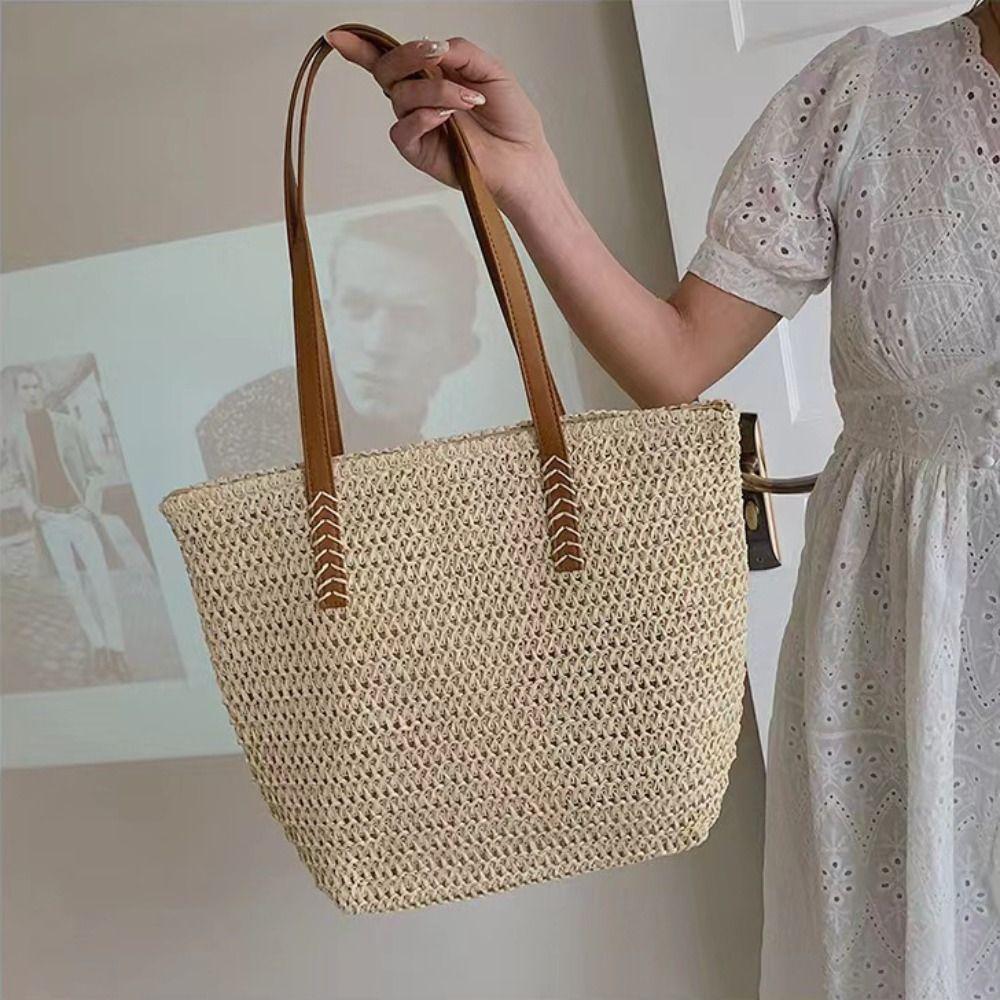 Zipper Beach Bag Bohemian Style Raffia Shoulder Bag Simple Weave Straw Tote Bag  Shopping