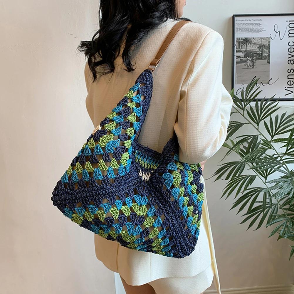 2025 Summer Straw Knitting Bag Hollow Out Tote Bag Solid Beach Shoulder Bag Holiday Travel Handbag Boho Shoulder Purse for Women