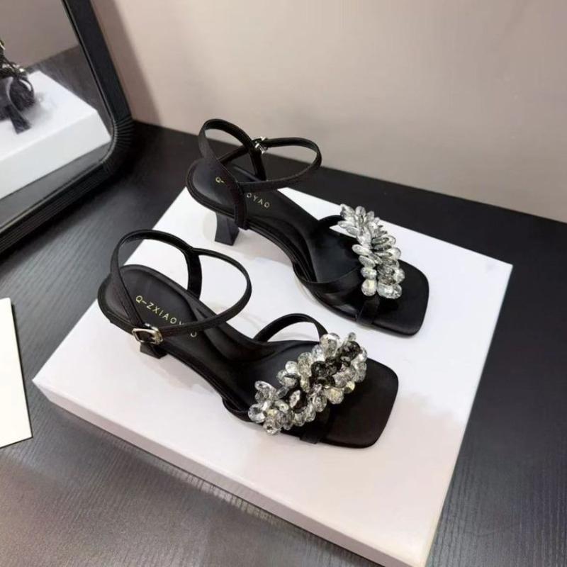 Crystal Women Sandals New Luxury High Heels Shoes Square Toe Summer Slippers 2026 Sexy Brand Woman Slingback Pumps