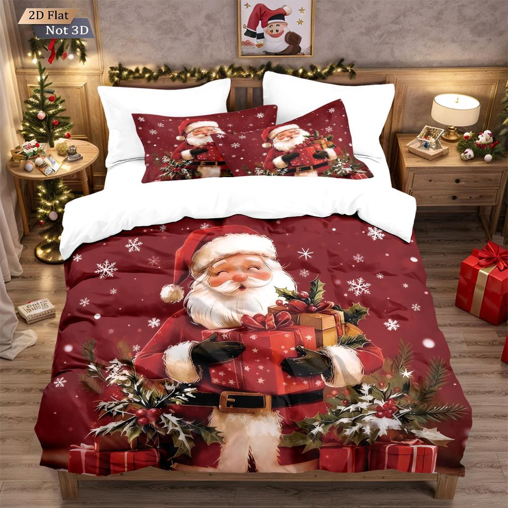 Three-piece Christmas Bedding Set, Brushed Duvet Cover and Pillowcase Set with Santa Claus Digital Print