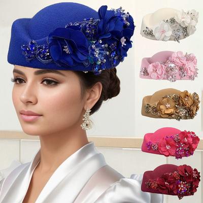 1PC Turban Hat With Flower Felt Vintage Stewardess Hat Party Beanie Cap Soft Beret Caps Church Airline Women