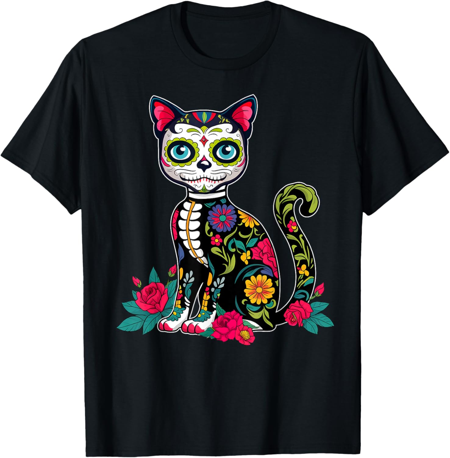 Sugar Skull Cat Dia De Muertos Day of Dead Halloween Mexican T-Shirt XXXL