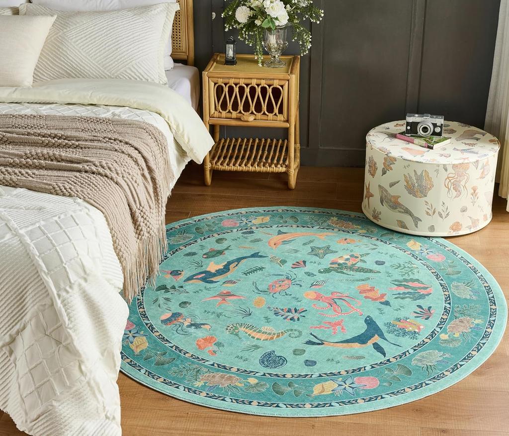Teal Ocean Life Round Rug Vibrant Sea Creatures Jellyfish Dolphin Turtle and Coral