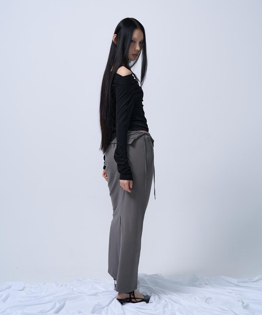G Museum Folding Waist Band Maxi Skirt (Charcoal Khaki)