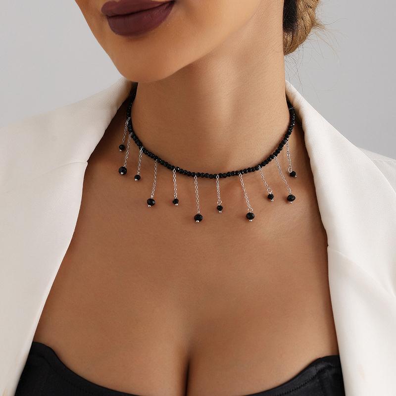 Vintage Black Bead Chaintassel Pendant Necklace For Women Boho Simple Choker Jewelry Gift