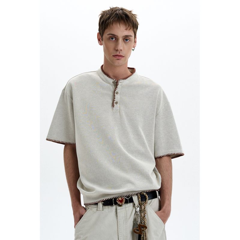 Madwitch American Retro Stitching Wire Henry Collar Short Sleeve Men's and Women's Loose Casual Vintage High JGG T-shirt