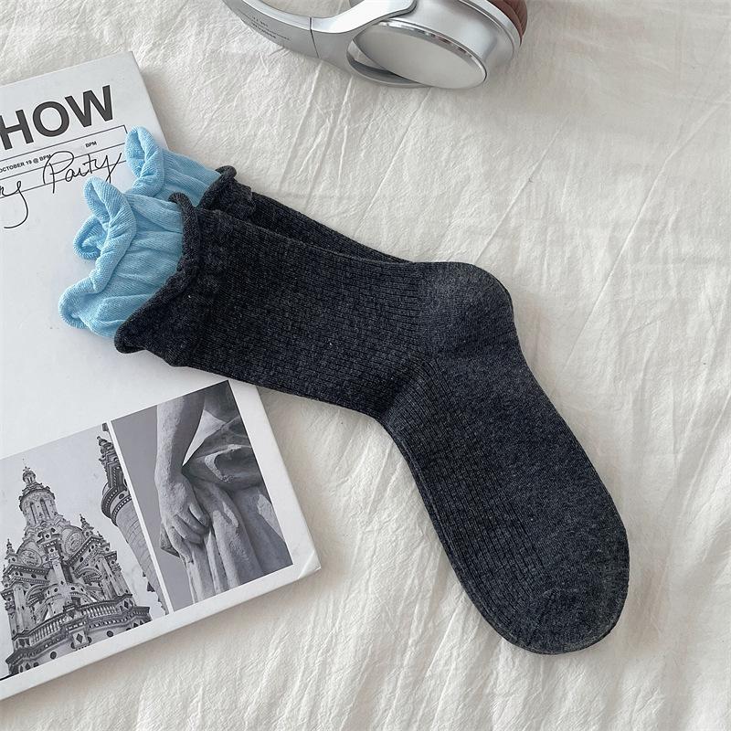 Korean INS style Angora Red black Faux Two-piece Color-matched Stockings Seamless Pure Cotton Mid-calf Socks Without Bones 1pair