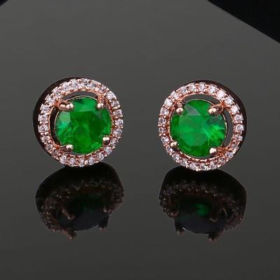 Women's Round Designer Stud Earrings Rose Gold Plated Green Stone CZ