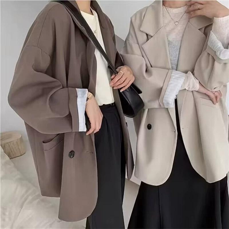 Spring Autumn Blazers Women Minimalist Solid Outwear Loose Elegant Retro Official Fashion High Street Feminine Comfortable Suit Coat