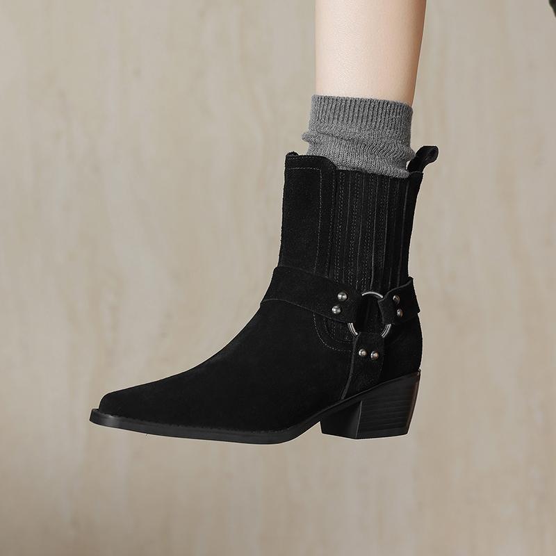 Fashion 2025 New Leather Shoes Women Genuine Square Toe High Heel Ankle Boots Thick Square Heel Slip on Western Boots Cowboy Boots Women
