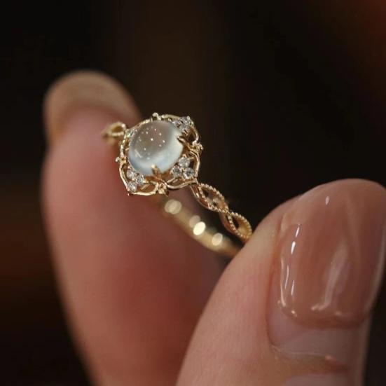 Yousheng Women Ring Shiny Romantic Hollow Out Sparkling Adjustable Decorative Gifts Faux Moonstone Wedding Ring Party Jewelry Fashion Accessory