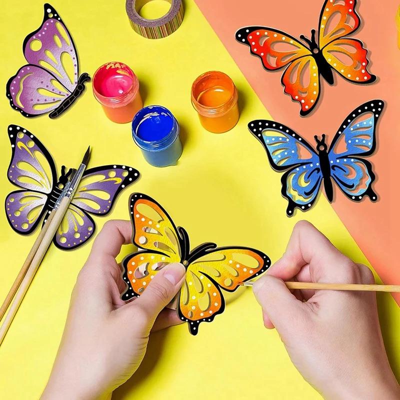 Wooden Butterfly Decorations, 8-Piece Set, Handcrafted, Hollow, Unfinished Graffiti DIY Crafts, 8 Artistic Styles, Hanging Paint