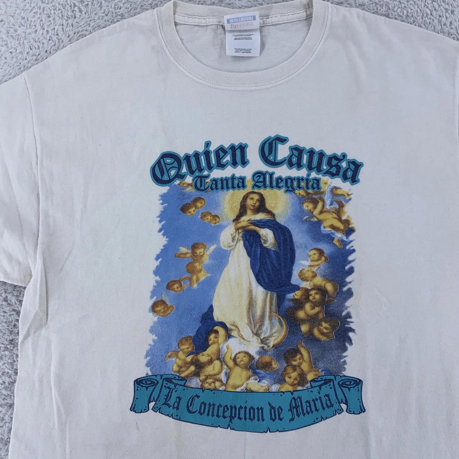 

Vintage Virgin Mary Shirt Large White La Concepcion De Maria Cherubs Jesus 4XL