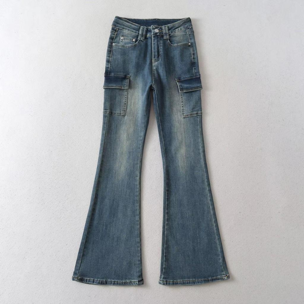 European & American Style High-Waisted Stretchy Flare Jeans with Pockets - Slim Fit, Long Micro-Flare Pants for Workwear