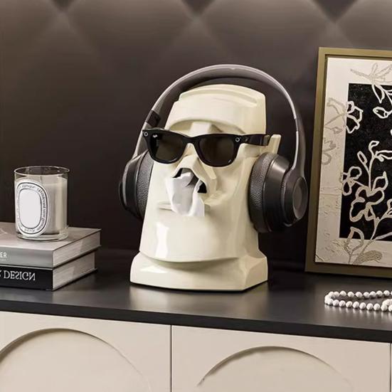 Tissue Box with Built-in Spring Automatic Paper Lift Large Capacity Tissue Holder Stone Statue Design Home Desktop Organizer