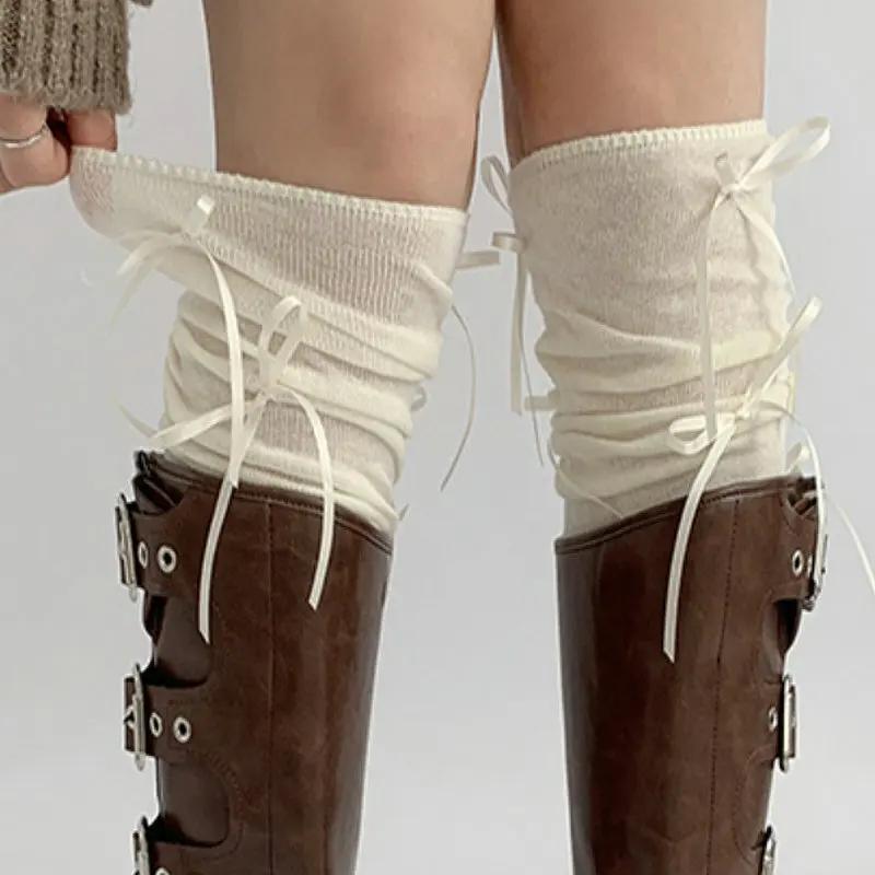 Lolita Long Socks Women Bandage Ribbon Bow Sweet Girls Kawaii Sexy Middle Tube Socks Ballet Style Solid Color Black White Socks