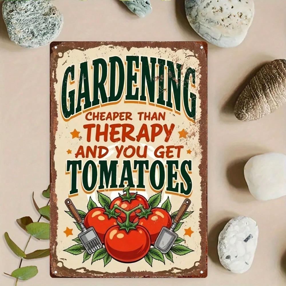 Vintage Tomato Metal Sign 8x12, Rustic Green Brown Gardening Tools Tin Plaque, Funny Garden Quote Wall Art Decor