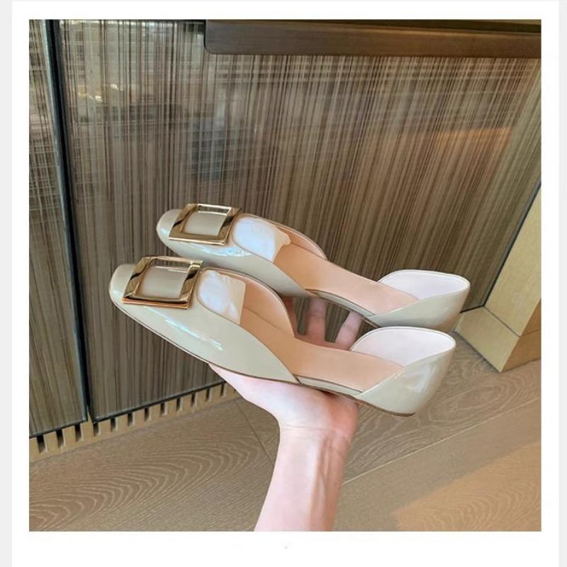 Elegant Brides Shoes Ladies Luxury Metal Buckle Flats Sandal Women Square Toe Ballerinas Leather Dress Slip on Office Mocasines