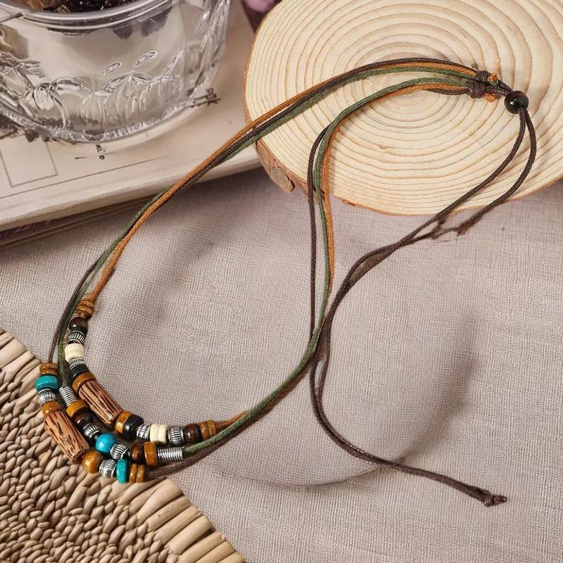2Pcs/Set Multi-Layer Vintage Wood Beads Pendant Leather Beaded Weaved Prayer Necklace& Bracelet  Jewelry Gifts