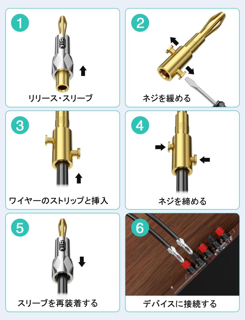 24k Banana Speaker Cable 10AWG 4mm Closing for and Amplifiers 4 Pieces Gold-Plated Plugs, Connectors, - 18AWG, Gauge, Red/Black, Solderless, Screws,