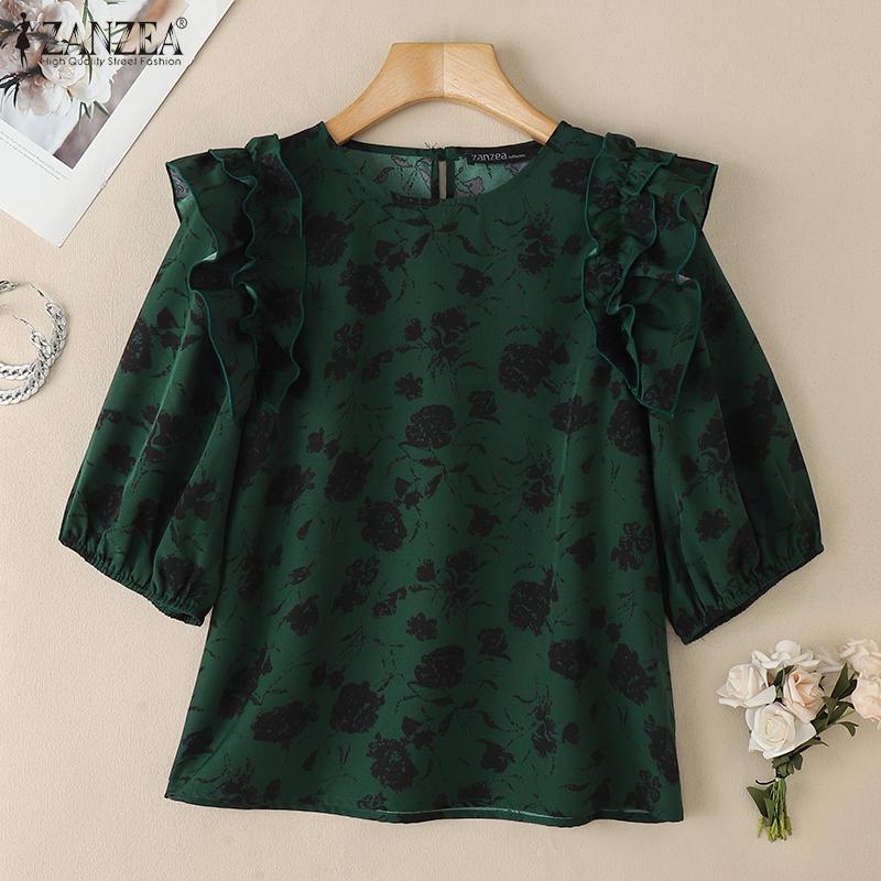 ZANZEA Women Casual Round Neck Summer Short Sleeve Print Blouse