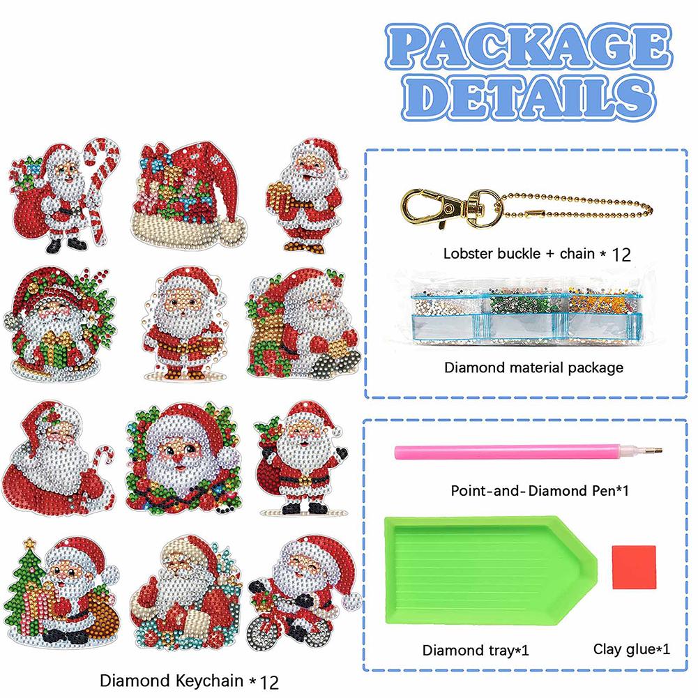 12Pcs Christmas Diamond Painting Keychain DIY Diamond Painting Art Keychain Pendant for Beginners Adults Art Craft Supplies