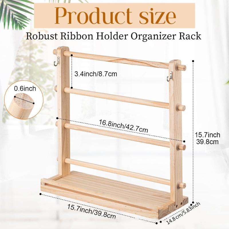 4 Tiered Wood Ribbon Holder with Hanging Hook Wood Scale Ruler Storage Ribbon Spool Holder Sewing Supply Organizers