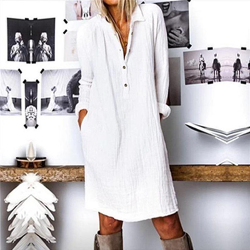 Fashion Casual Simple Long Sleeved Women Dress Spring Summer Plus Size Office Party Elegant Loose Solid Color Dresses Female Buttons Women's Clothing