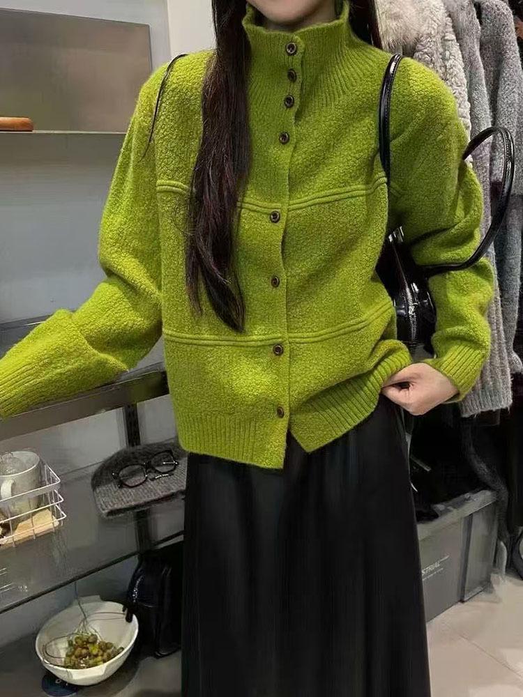 Women's Winter Korean High Neck Wool Sweater Coat - Casual, Warm, Single-Breasted, Loose Fit.