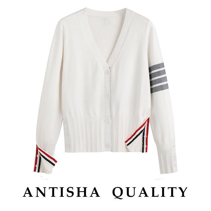 TbB Women's Knitted Cardigan - Trendy Four-Stripe College Style, Versatile Spring/Autumn Sweater Coat