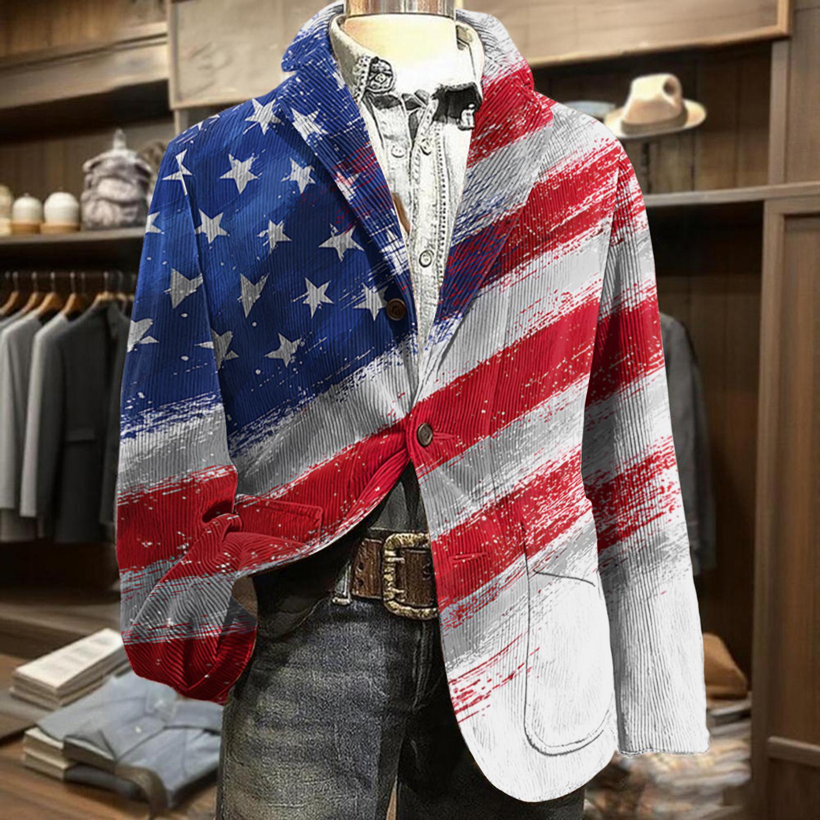 

Men Corduroy Blazer Business Casual Suit Jacket with Independence Day Themed Print for Formal or Daily Wear M білий
