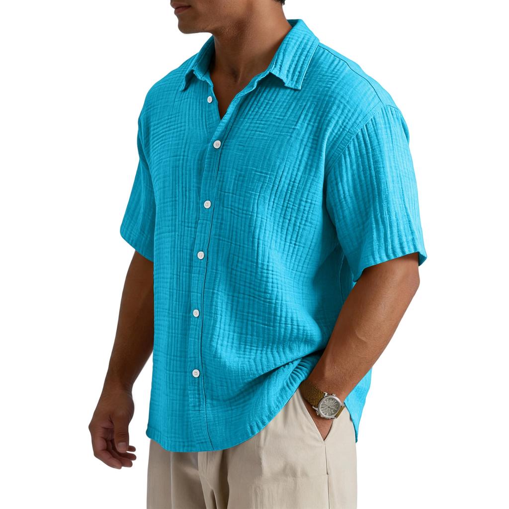 Men’s Loose Fit Casual Cotton Crinkle Texture Shirt Short Sleeve Button Down Collared Top for Everyday Wear