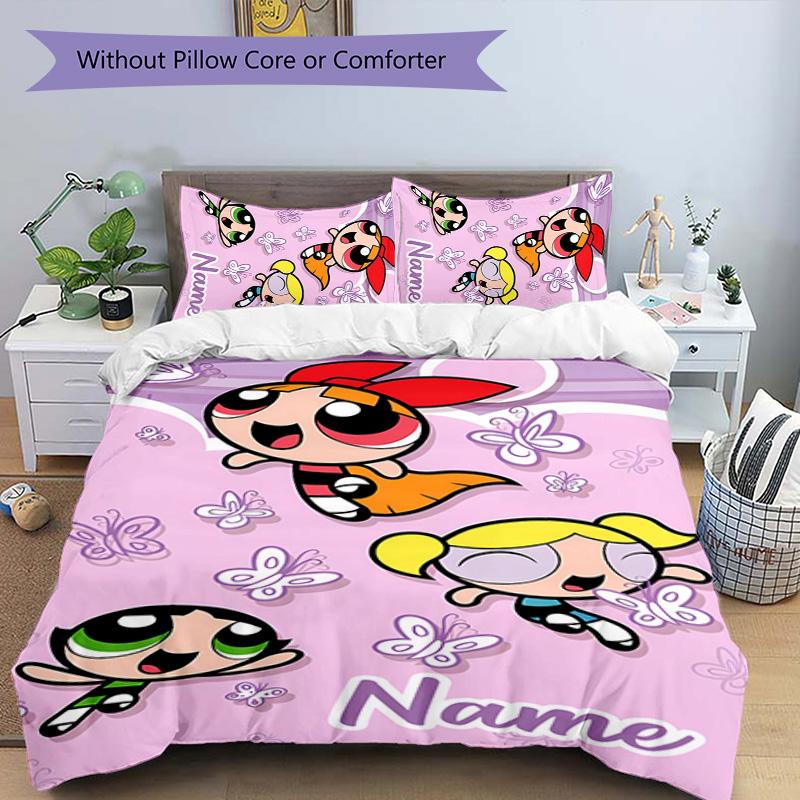 3pcs The Powerpuff Girls9 Cover Set - Personalized Name, HD Printed Bedding with 1 Cover and 2 Pillowcases - Perfect for Home Decor, Easy Care
