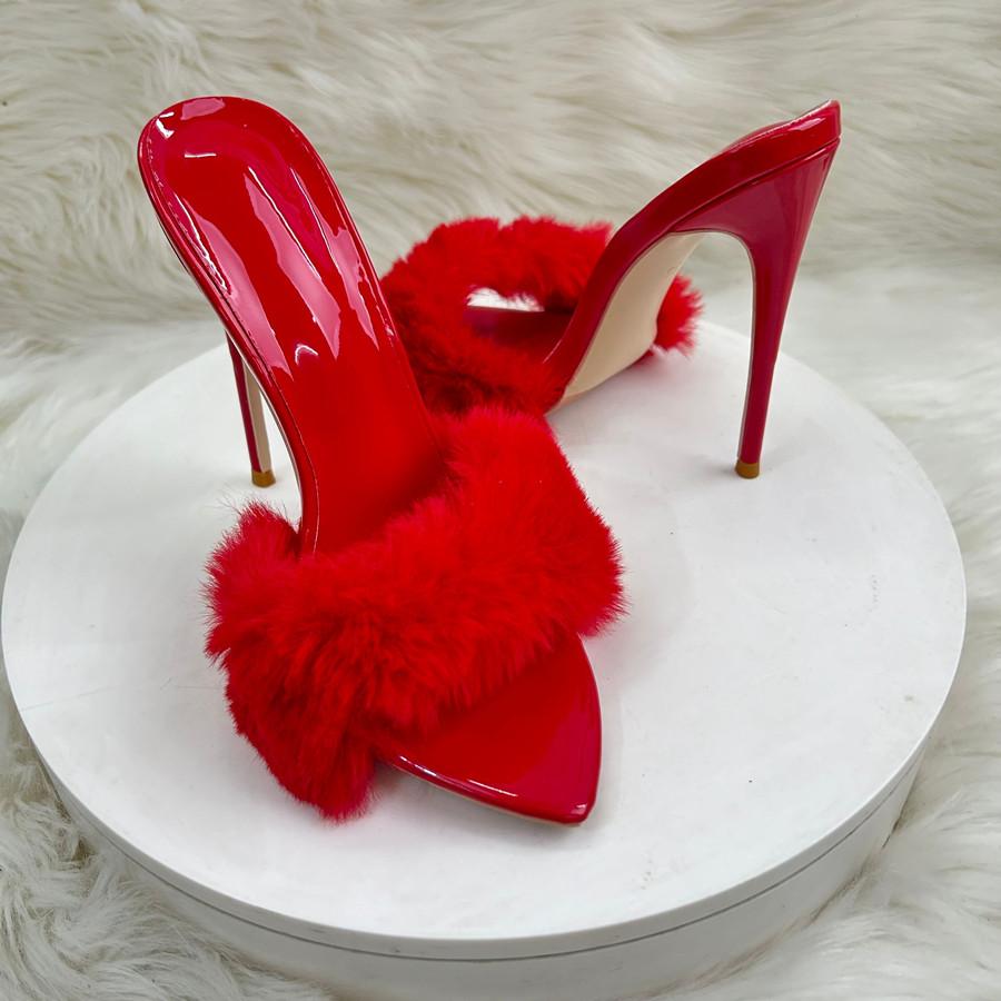 Super High Heels Summer Women Slippers Fur Pointed Toes Slip On Slides High Heels 12cm Sexy Women Sandals 33-45