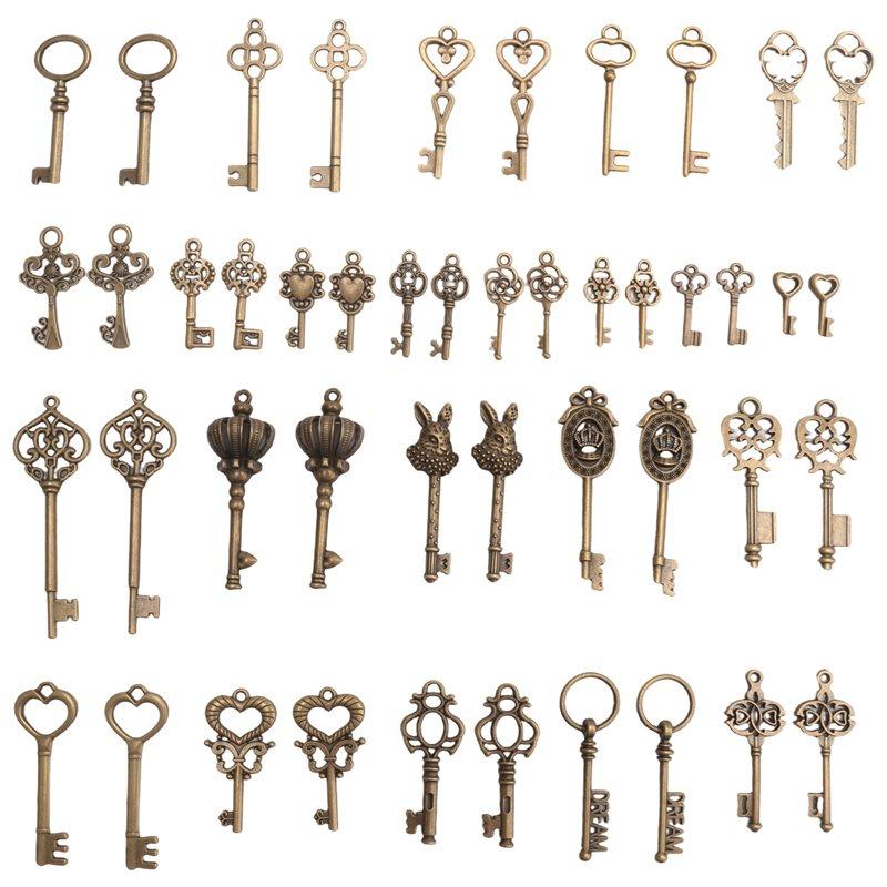 46Pcs/Set Mix Kit Old Looking Retro Antique Brass Bronze Decorative Vintage Key For Steampunk Charms Pendant Jewelry Easy To Use