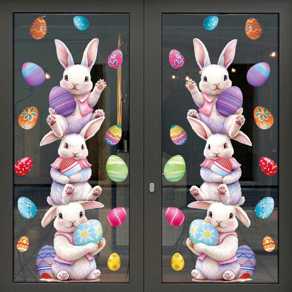 Easter Stacking Bunnies with Eggs Static Cling Window Stickers for Fridge Glass Decoration Easter Party Home Decor