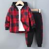 Kids Clothes Autumn/Winter Boys' Long-Sleeved Checkered Contrast-Colour Hooded Two-Piece Set (Top + Trousers)