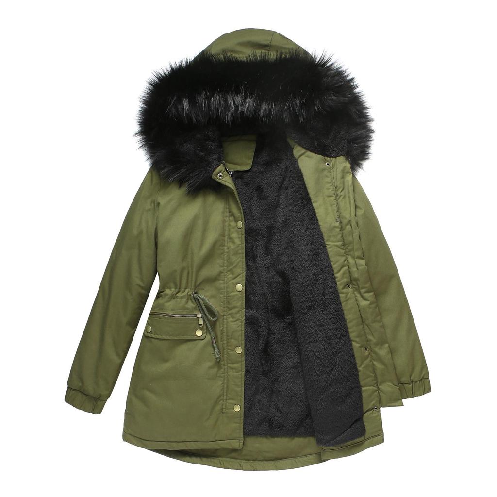 Women's Fleece-Lined Hooded Parka with Fur Collar - Warm Loose-Fit Cotton Jacket, European Size (2021 Autumn/Winter Collection)