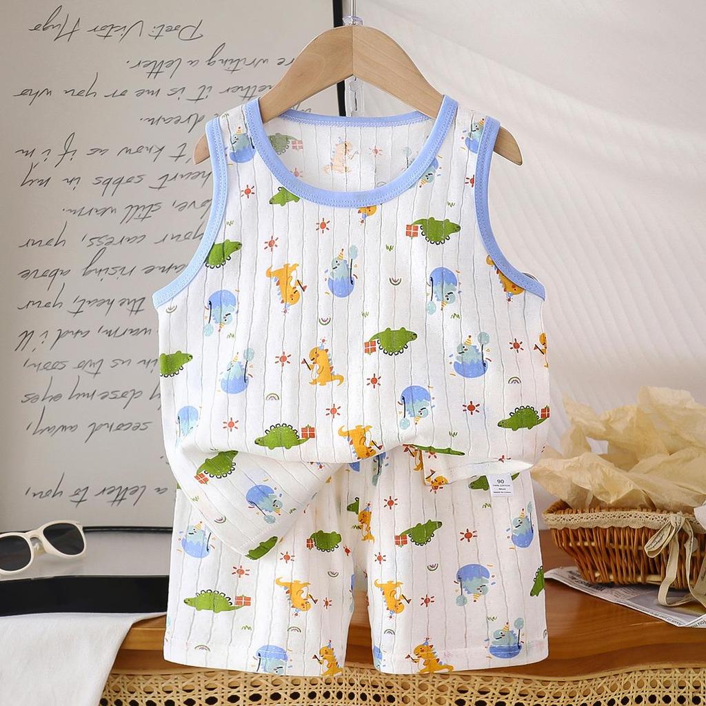 2026 Summer Children O-Neck Sleeveless Vest Suits Baby Spring Short Pants Two-pieces Set Cartoon Cotton Suit for Girl Boy