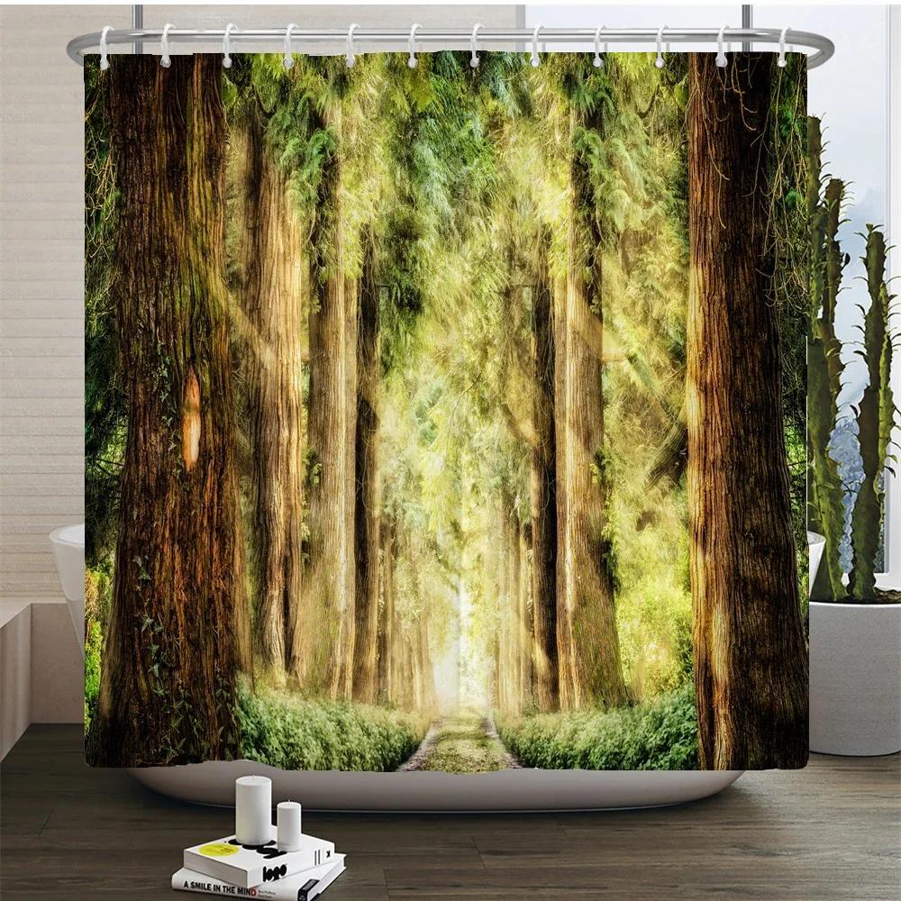 Natural Forest Tree Scenery Shower Curtain Bathroom Waterproof Polyester Fabric Bathroom Curtain 3d Printed Bath Screen Mat
