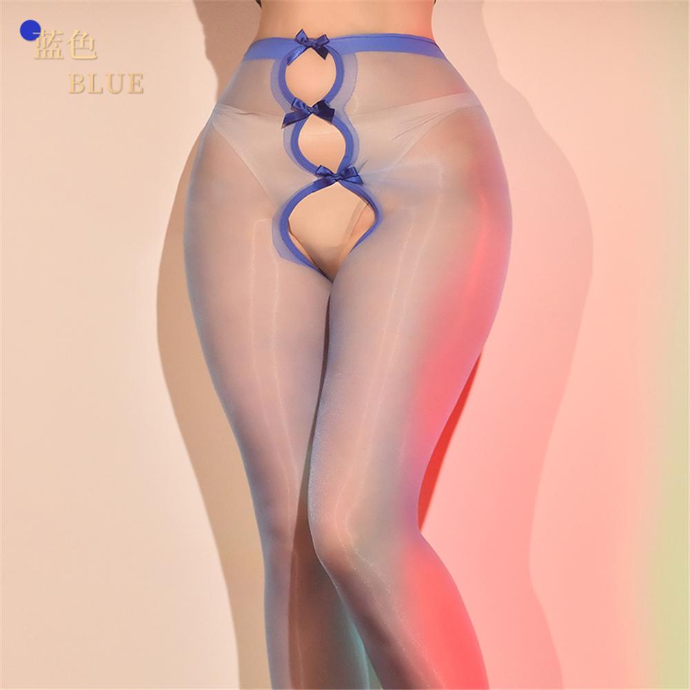 Sexy Women 3D Thin Oil Shiny Glossy Pantyhose Bow Hollow Out Tights Exotic Open Crotch Allure Vintage Maid Pantyhose Shaper