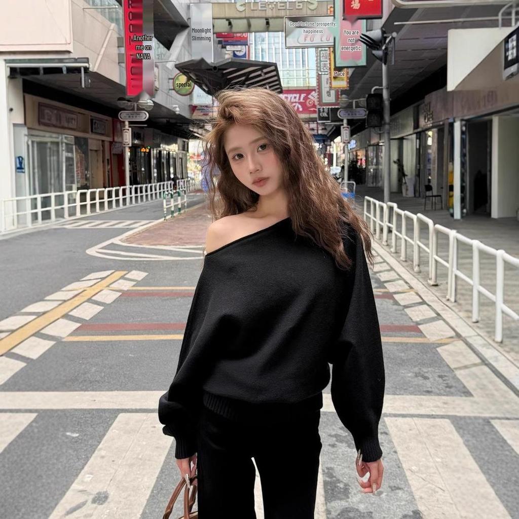 Women's Korean-Style Off-Shoulder Red Knit Sweater, Loose Fit, Autumn & Winter Wear