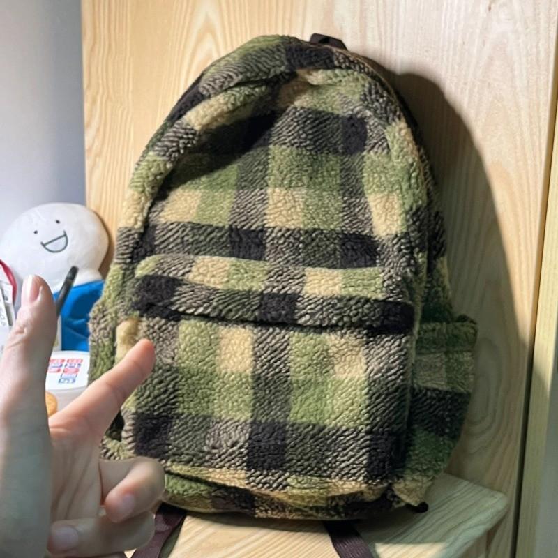 New Korean Style Plush Color Block Grid Contrast Shoulder Bag Large Capacity Student Backpack Travel Men And Women Bag