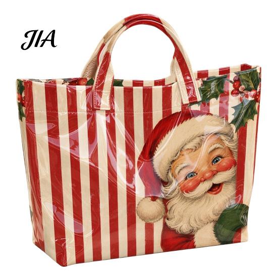 Reinforced Handle Carrying Bag Christmas PVC Tote Bag, Large Waterproof Shoulder Santa Deer Tree Stylish Holiday Gift Print, Reusable Grocery