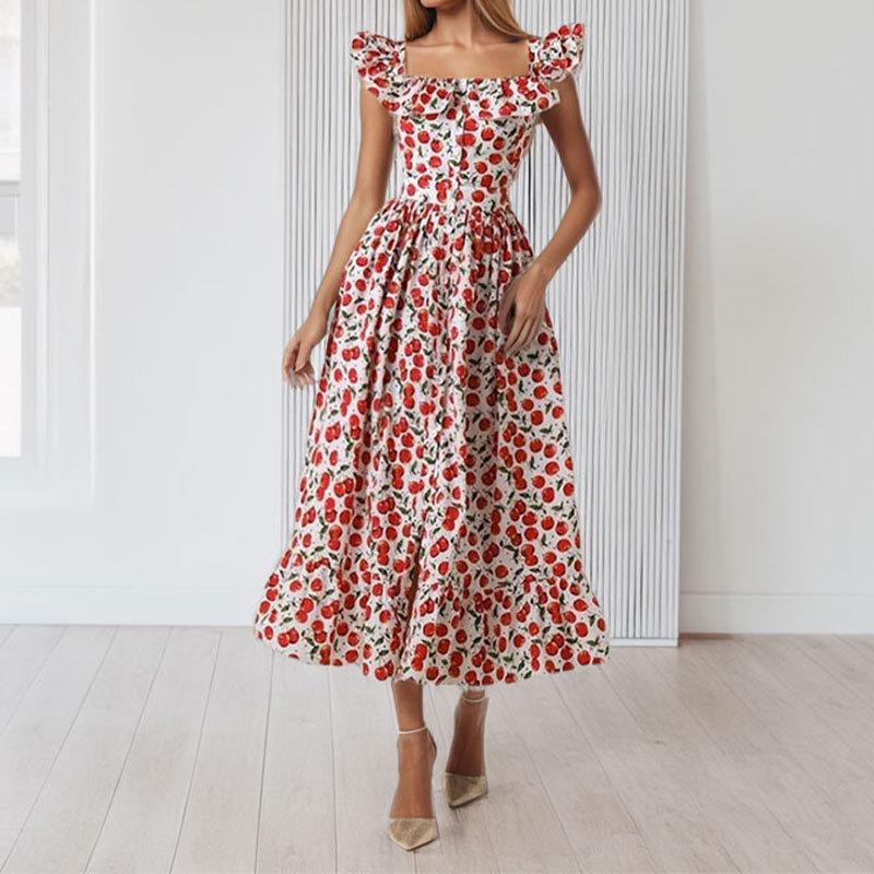 

2026 Spring European American Style Women s Fashion Casual Printed Patchwork Ruffled Hem Dress L красный